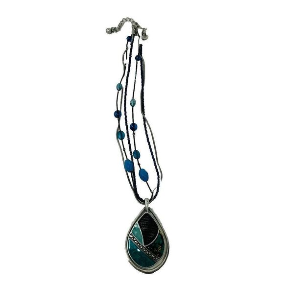 Chicos Necklace Green Silver, 2-piece Pendant‎ Beaded Art Artsy Fashion Jewelry - Picture 1 of 9